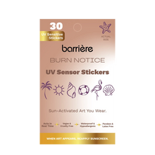 Laden Sie das Bild in den Galerie-Viewer, BURN NOTICE UV SENSOR STICKER 30 PK - BEACH SYMBOLS