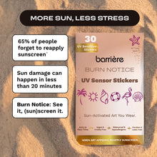 Laden Sie das Bild in den Galerie-Viewer, BURN NOTICE UV SENSOR STICKER 30 PK - BEACH SYMBOLS